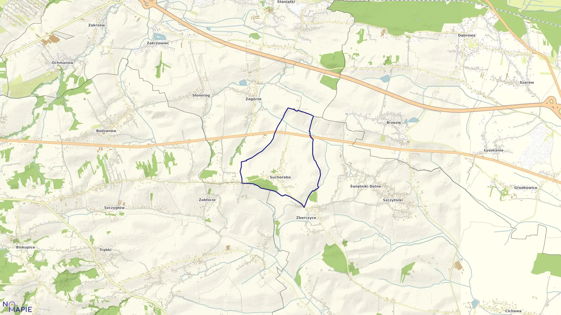 Mapa obrębu Suchoraba w gminie Niepołomice
