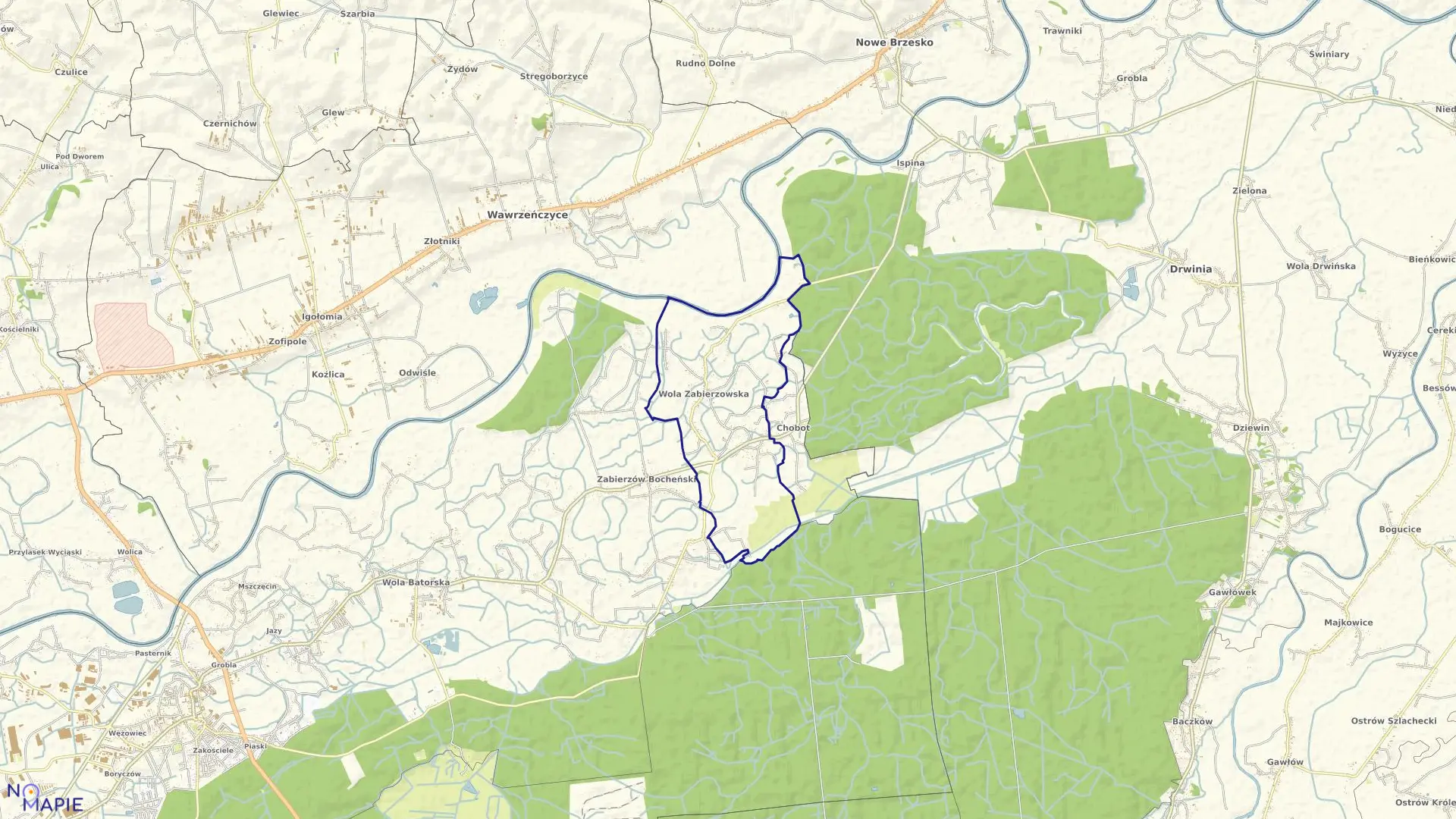 Mapa obrębu Wola Zabierzowska w gminie Niepołomice