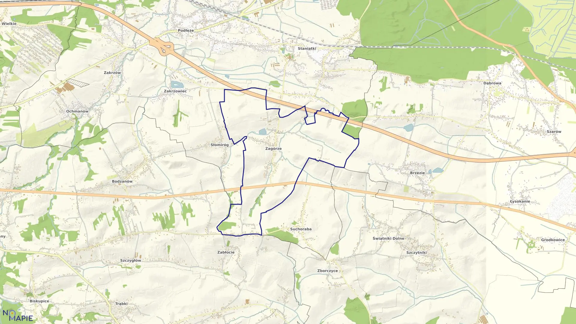 Mapa obrębu Zagórze w gminie Niepołomice