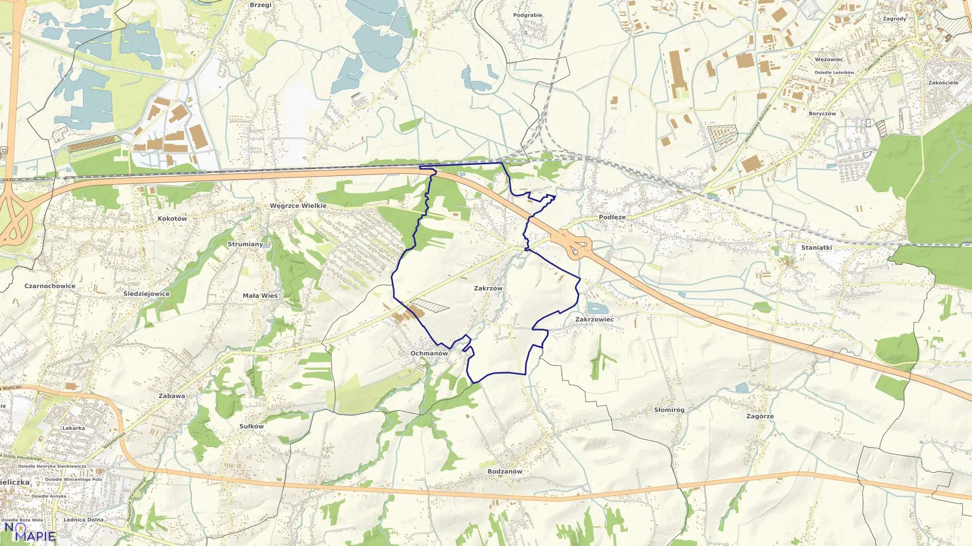 Mapa obrębu Zakrzów w gminie Niepołomice